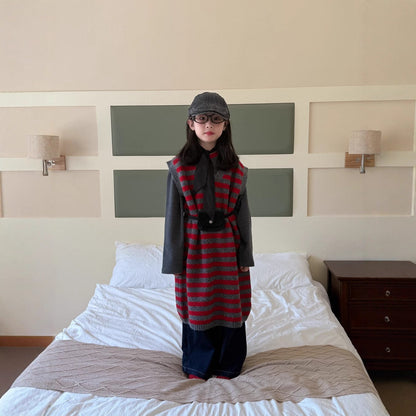 ノースリーブワンピース レッドボーダー柄ニットベストワンピース【mh0010935】