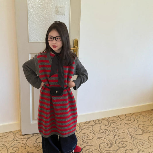 ノースリーブワンピース レッドボーダー柄ニットベストワンピース【mh0010935】