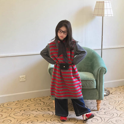 ノースリーブワンピース レッドボーダー柄ニットベストワンピース【mh0010935】