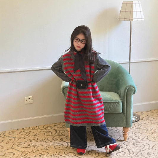 ノースリーブワンピース レッドボーダー柄ニットベストワンピース【mh0010935】