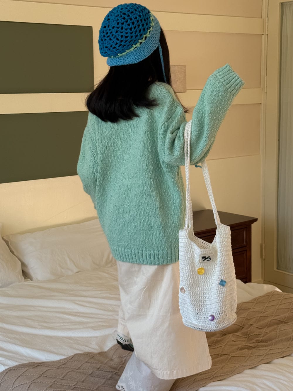 長袖セットアップ ライトミントニットプルオーバー/スリットロングスカートドッキングパンツ【mh0010936】