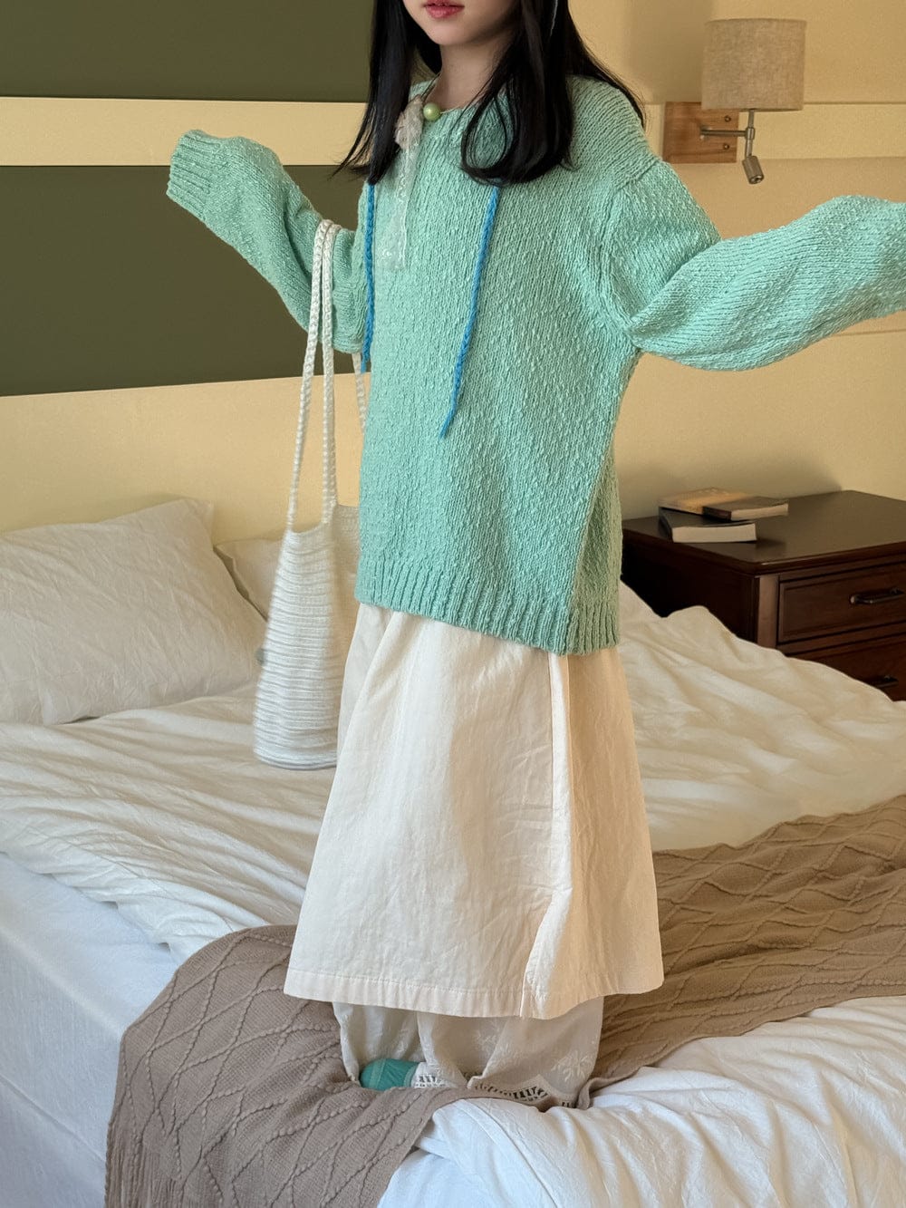 長袖セットアップ ライトミントニットプルオーバー/スリットロングスカートドッキングパンツ【mh0010936】