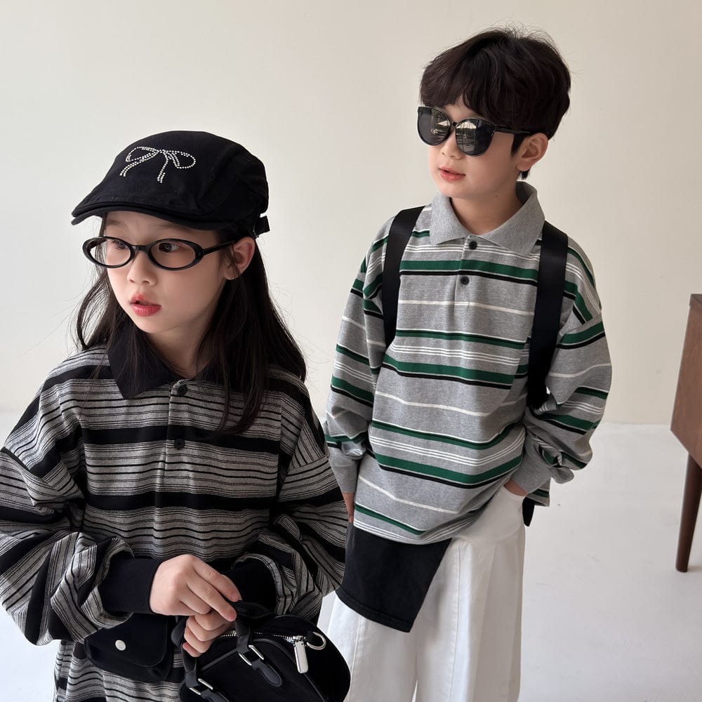 長袖シャツ・ブラウス ビッグシルエットボーダー長袖ポロシャツ【mh0010942】