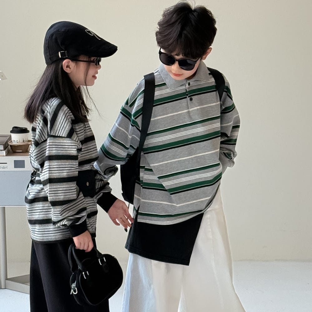 長袖シャツ・ブラウス ビッグシルエットボーダー長袖ポロシャツ【mh0010942】