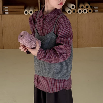 長袖シャツ・ブラウス チェック長袖ブラウス/ニットキャミソールベスト【mh0010945】