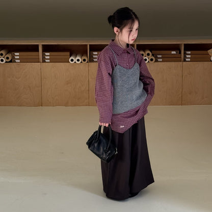 長袖シャツ・ブラウス チェック長袖ブラウス/ニットキャミソールベスト【mh0010945】