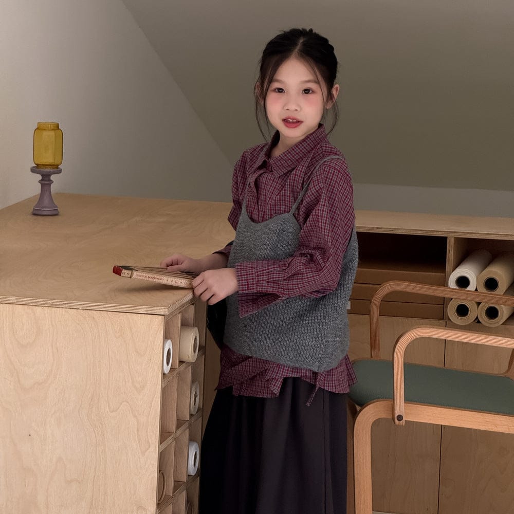 長袖シャツ・ブラウス チェック長袖ブラウス/ニットキャミソールベスト【mh0010945】