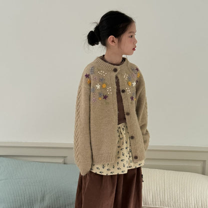 カーディガン・パーカー 花柄刺繍ケーブル編みニットカーディガン キッズセーター【mh0010959】