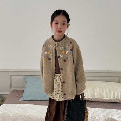 カーディガン・パーカー 花柄刺繍ケーブル編みニットカーディガン キッズセーター【mh0010959】