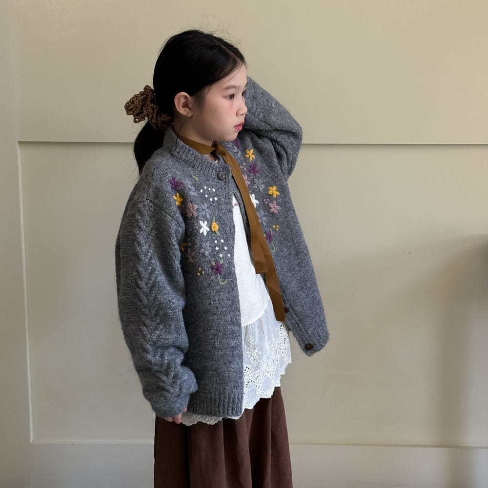 カーディガン・パーカー 花柄刺繍ケーブル編みニットカーディガン キッズセーター【mh0010959】
