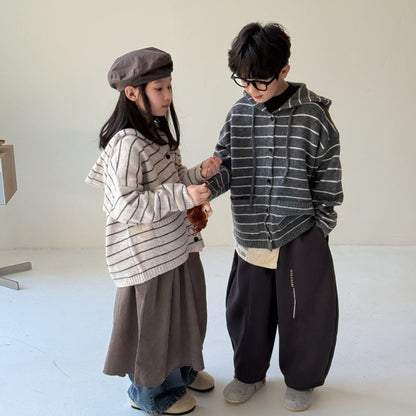 カーディガン・パーカー ボーダー柄フード付きニットカーディガン キッズセーター【mh0010963】