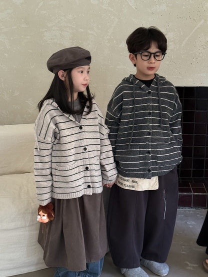 カーディガン・パーカー ボーダー柄フード付きニットカーディガン キッズセーター【mh0010963】