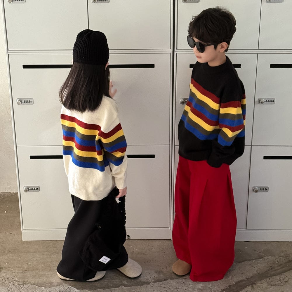 ニット・セーター マルチカラーボーダー柄長袖ニットトップス レトロセーター【mh0010965】