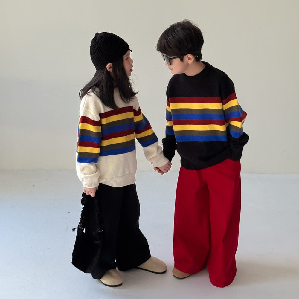 ニット・セーター マルチカラーボーダー柄長袖ニットトップス レトロセーター【mh0010965】