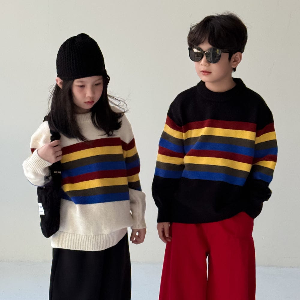 ニット・セーター マルチカラーボーダー柄長袖ニットトップス レトロセーター【mh0010965】