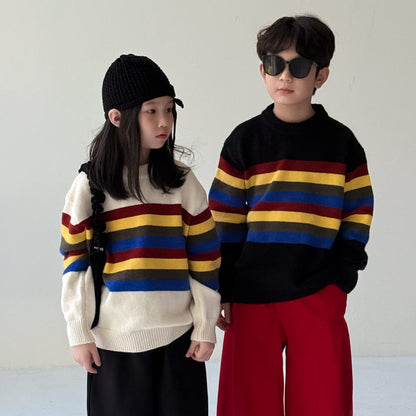 ニット・セーター マルチカラーボーダー柄長袖ニットトップス レトロセーター【mh0010965】