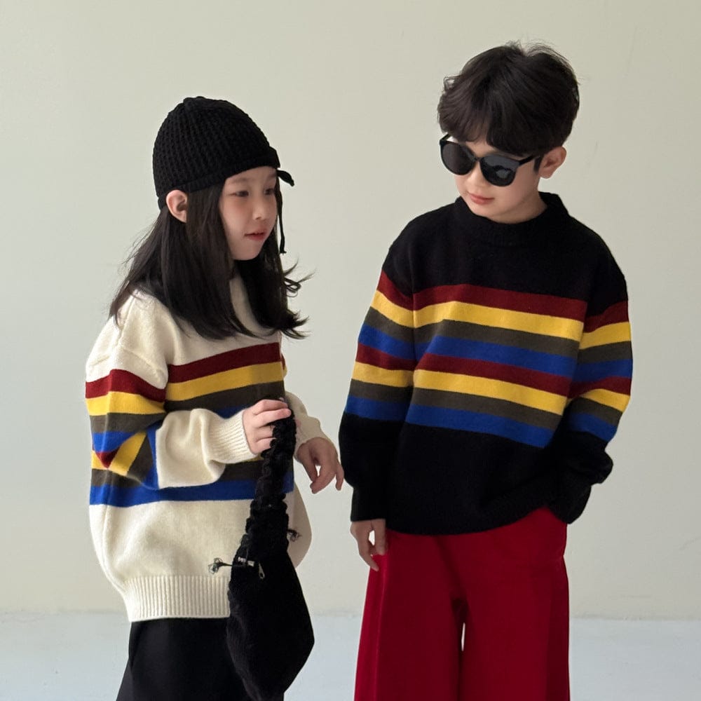 ニット・セーター マルチカラーボーダー柄長袖ニットトップス レトロセーター【mh0010965】