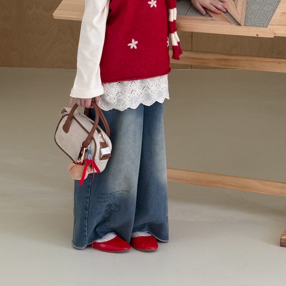 デニムパンツ イラストプリントデニムパンツ ワイドシルエットパンツ【mh0010968】