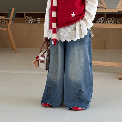 デニムパンツ イラストプリントデニムパンツ ワイドシルエットパンツ【mh0010968】