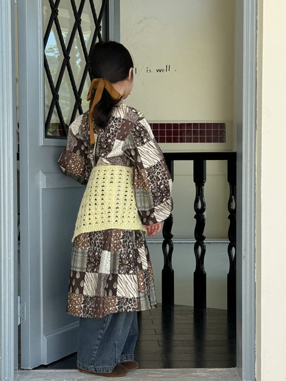 長袖ワンピース パッチワークプリントワンピース キッズ長袖ロング丈ワンピース【mh0010973】