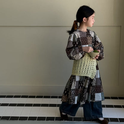 長袖ワンピース パッチワークプリントワンピース キッズ長袖ロング丈ワンピース【mh0010973】