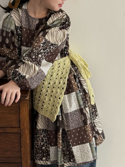 長袖ワンピース パッチワークプリントワンピース キッズ長袖ロング丈ワンピース【mh0010973】