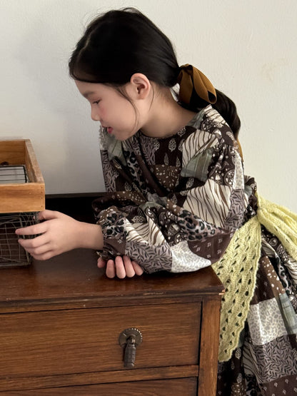 長袖ワンピース パッチワークプリントワンピース キッズ長袖ロング丈ワンピース【mh0010973】