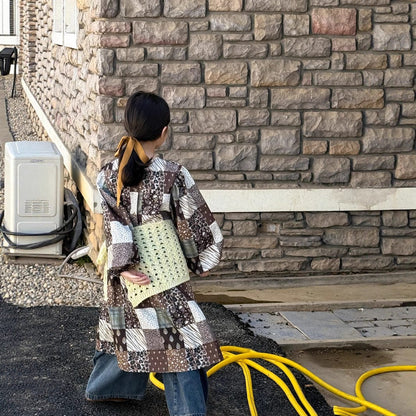 長袖ワンピース パッチワークプリントワンピース キッズ長袖ロング丈ワンピース【mh0010973】