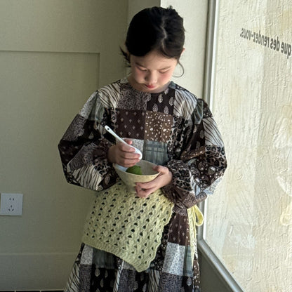 長袖ワンピース パッチワークプリントワンピース キッズ長袖ロング丈ワンピース【mh0010973】