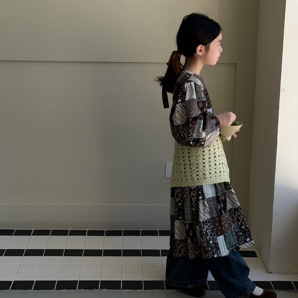 長袖ワンピース パッチワークプリントワンピース キッズ長袖ロング丈ワンピース【mh0010973】