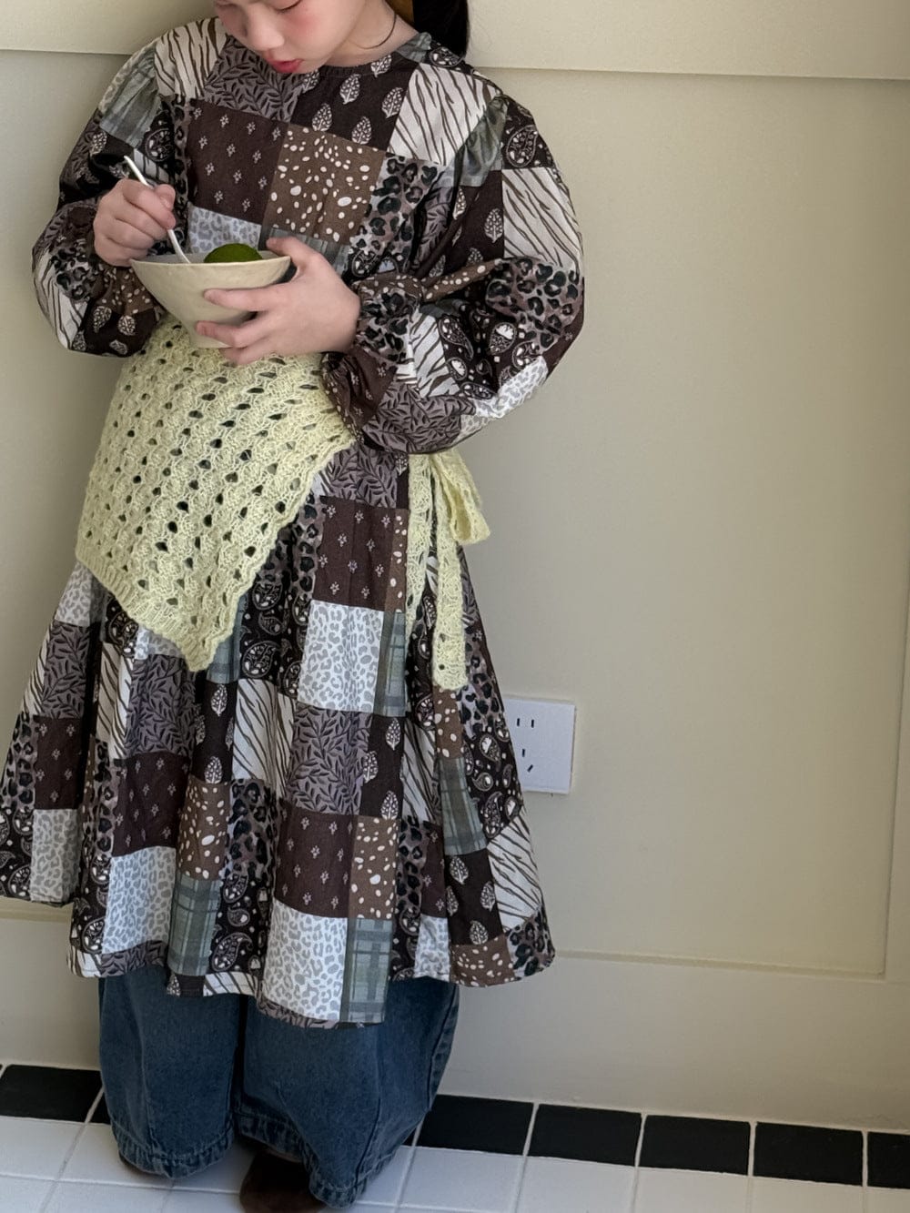 長袖ワンピース パッチワークプリントワンピース キッズ長袖ロング丈ワンピース【mh0010973】