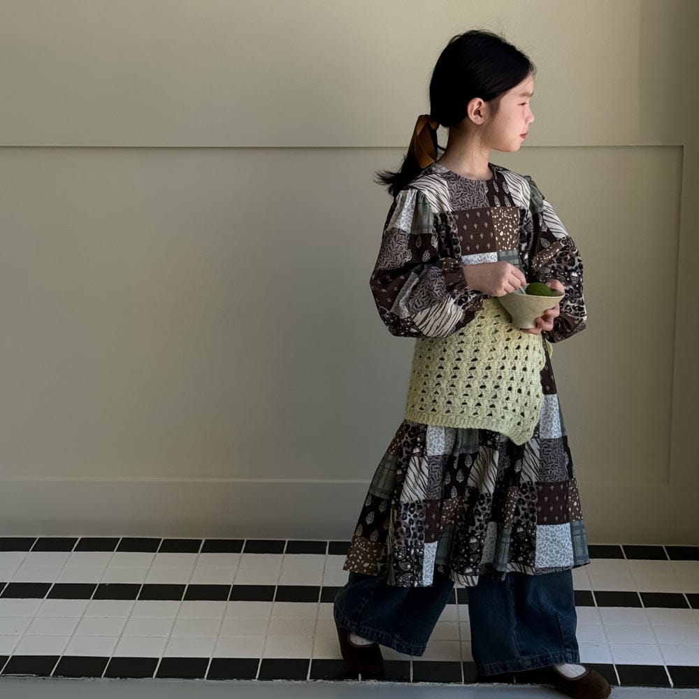 長袖ワンピース パッチワークプリントワンピース キッズ長袖ロング丈ワンピース【mh0010973】