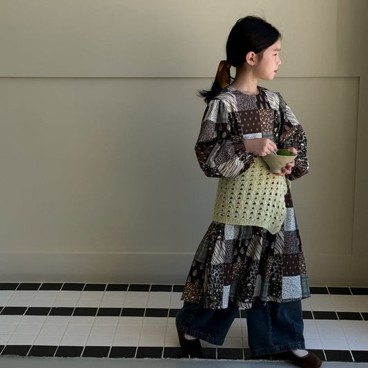 長袖ワンピース パッチワークプリントワンピース キッズ長袖ロング丈ワンピース【mh0010973】