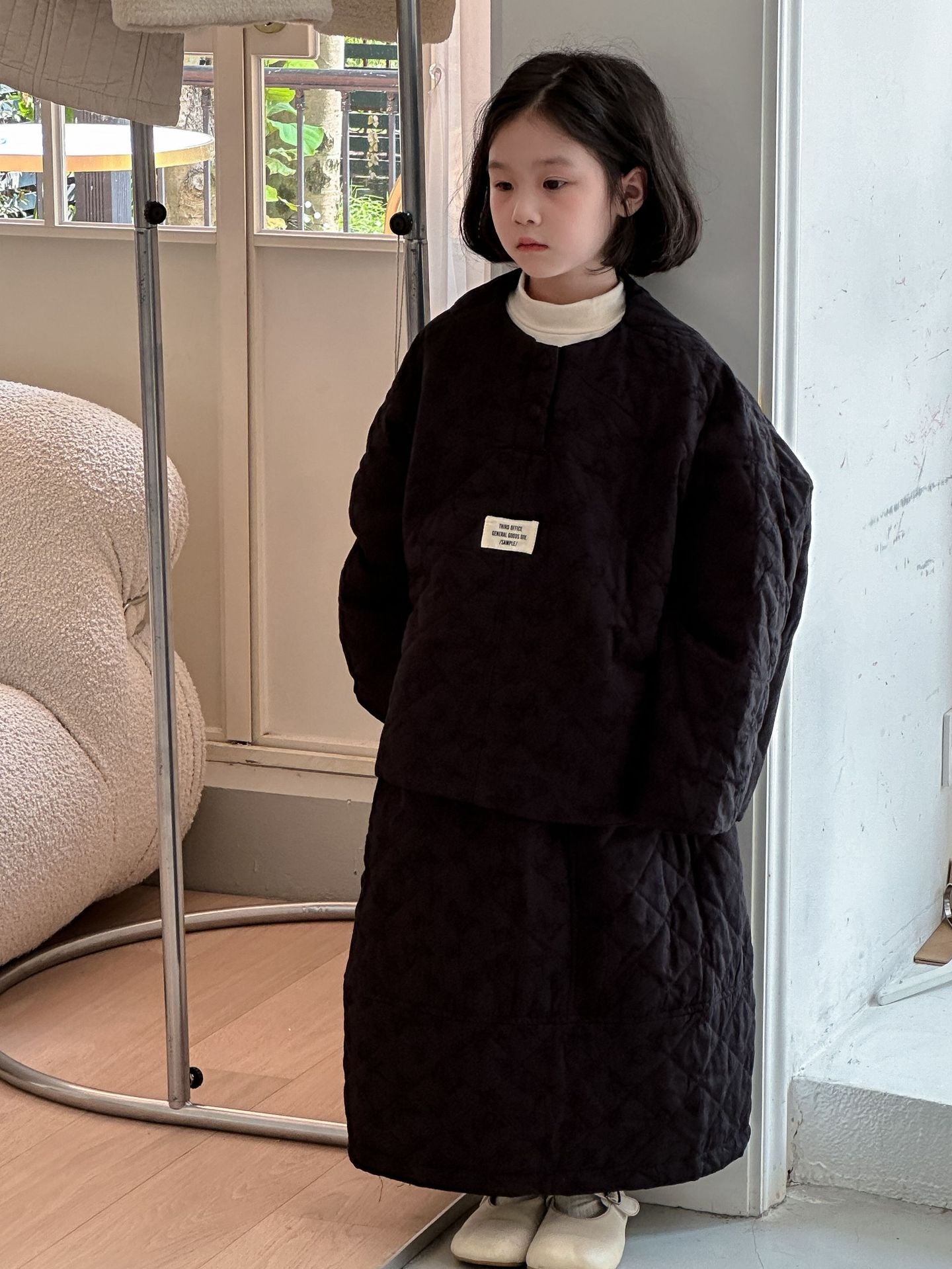 長袖セットアップ キルティングジャケット スカート セットアップ ノーカラー【mh0011654】