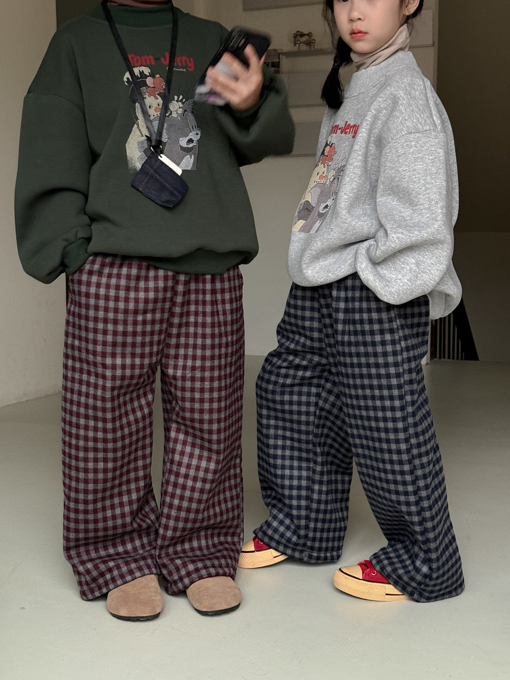 ロングパンツ・スウェットパンツ チェック柄パンツ キッズ 裏起毛 厚手 ゆったり ワイドストレート カジュアル【mh0011655】