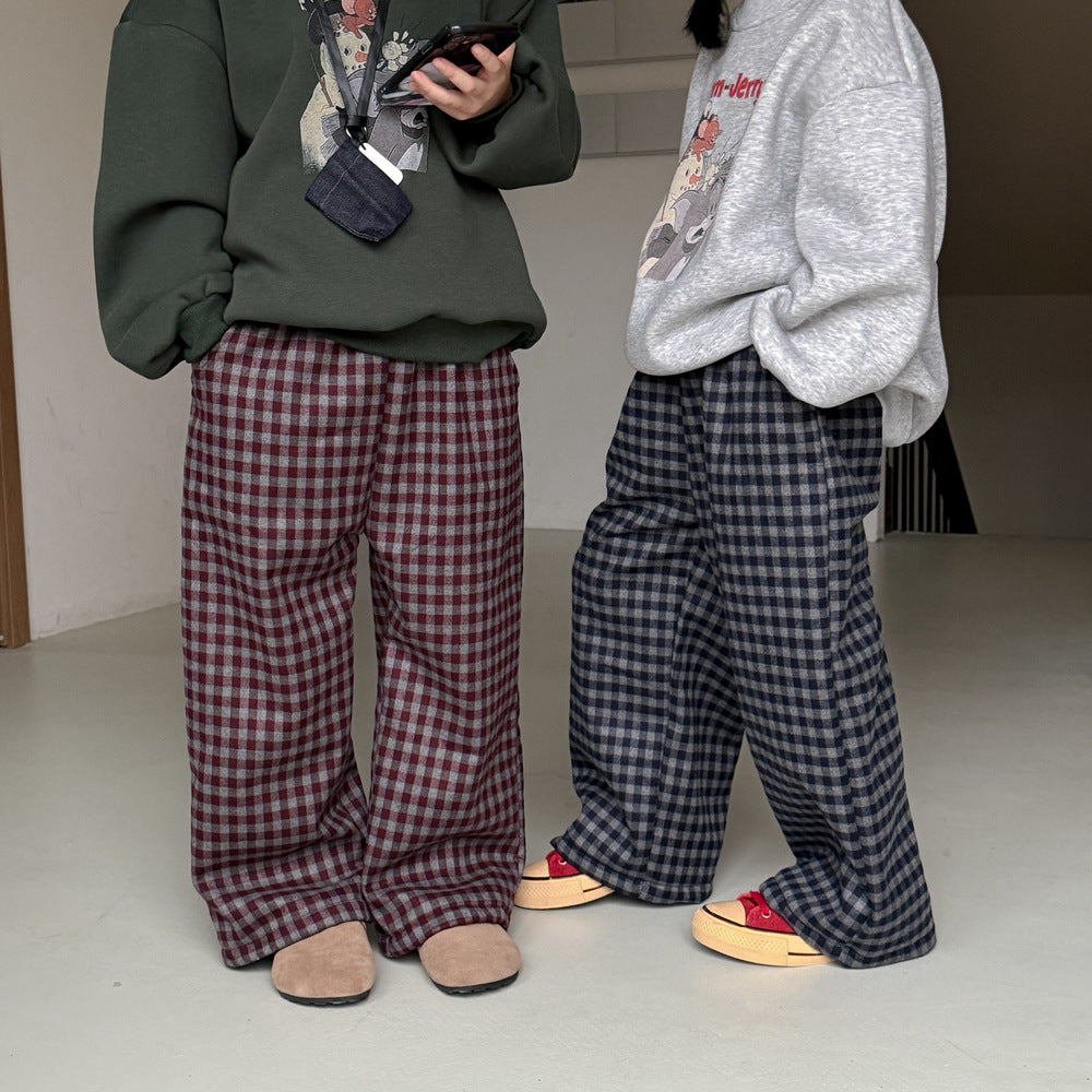 ロングパンツ・スウェットパンツ チェック柄パンツ キッズ 裏起毛 厚手 ゆったり ワイドストレート カジュアル【mh0011655】
