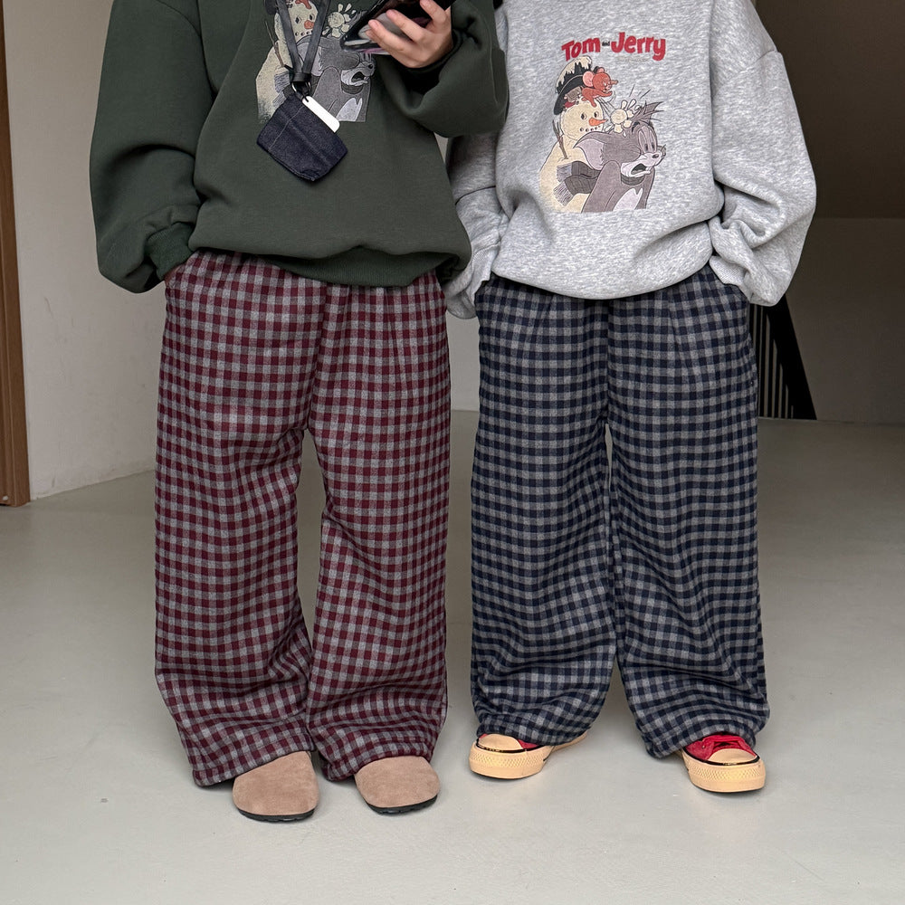 ロングパンツ・スウェットパンツ チェック柄パンツ キッズ 裏起毛 厚手 ゆったり ワイドストレート カジュアル【mh0011655】