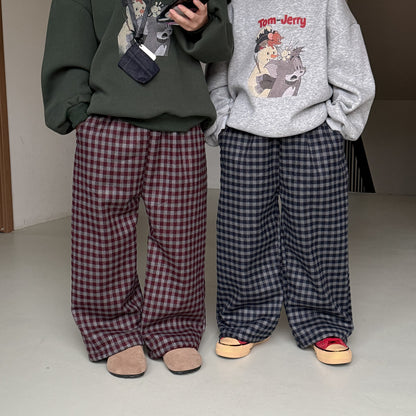 ロングパンツ・スウェットパンツ チェック柄パンツ キッズ 裏起毛 厚手 ゆったり ワイドストレート カジュアル【mh0011655】