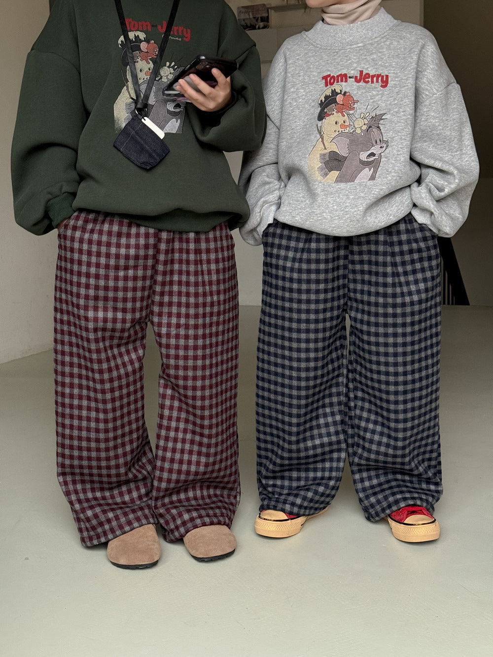ロングパンツ・スウェットパンツ チェック柄パンツ キッズ 裏起毛 厚手 ゆったり ワイドストレート カジュアル【mh0011655】