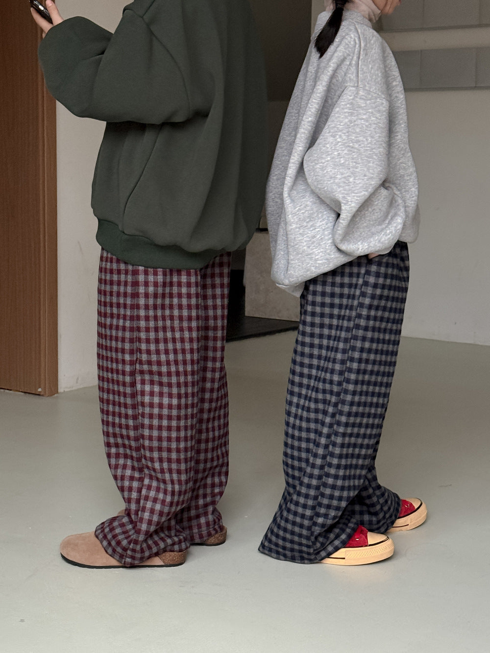 ロングパンツ・スウェットパンツ チェック柄パンツ キッズ 裏起毛 厚手 ゆったり ワイドストレート カジュアル【mh0011655】