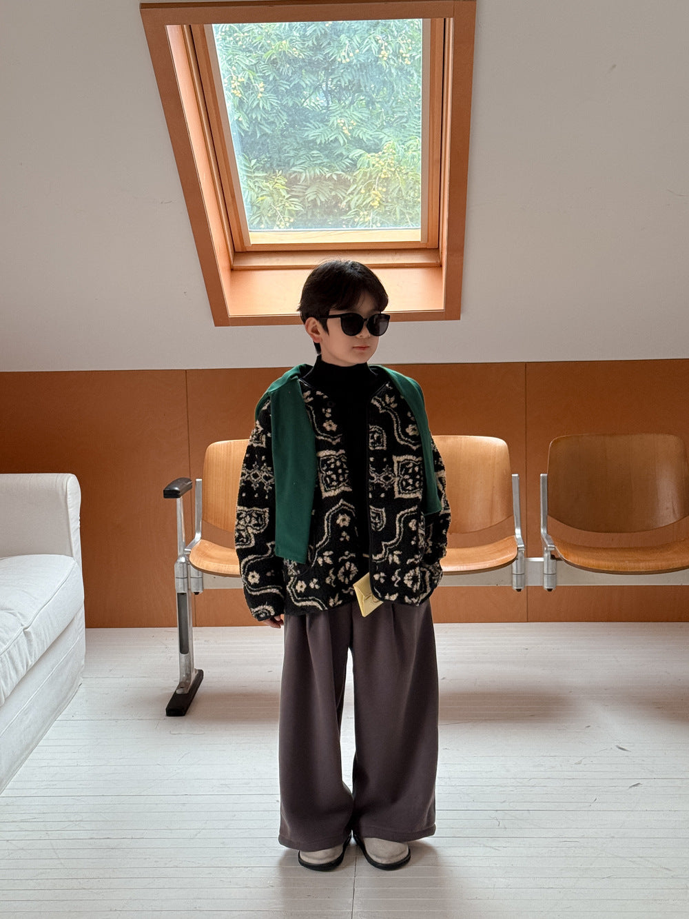 ショートコート・ジャケット・ジャンパー ボアジャケット キッズ 総柄 レトロ 厚手 ノーカラー もこもこ アウター【mh0011658】