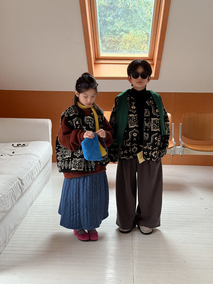 ショートコート・ジャケット・ジャンパー ボアジャケット キッズ 総柄 レトロ 厚手 ノーカラー もこもこ アウター【mh0011658】