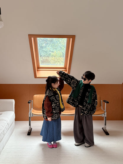 ショートコート・ジャケット・ジャンパー ボアジャケット キッズ 総柄 レトロ 厚手 ノーカラー もこもこ アウター【mh0011658】