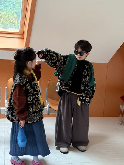 ショートコート・ジャケット・ジャンパー ボアジャケット キッズ 総柄 レトロ 厚手 ノーカラー もこもこ アウター【mh0011658】