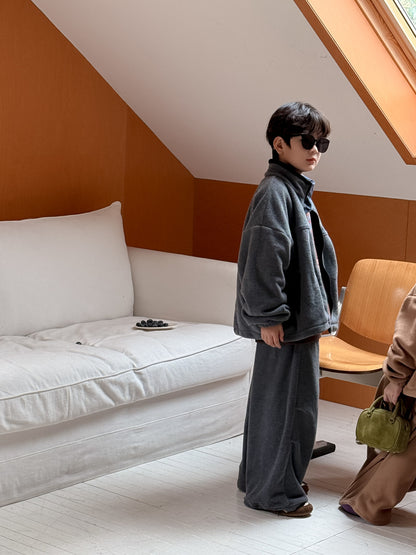 長袖セットアップ セットアップ キッズ 裏起毛 ボア 厚手 スタンドカラー オーバーサイズ ジップ【mh0011659】