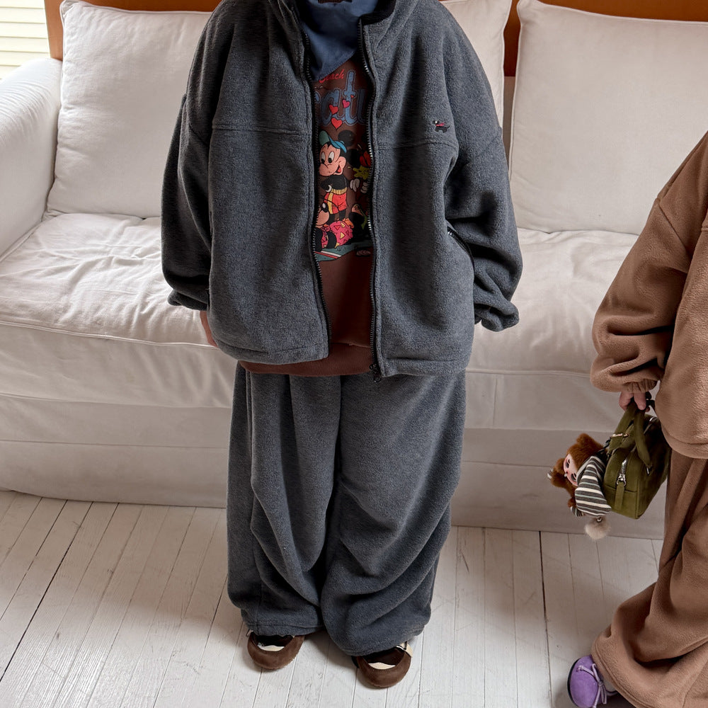 長袖セットアップ セットアップ キッズ 裏起毛 ボア 厚手 スタンドカラー オーバーサイズ ジップ【mh0011659】