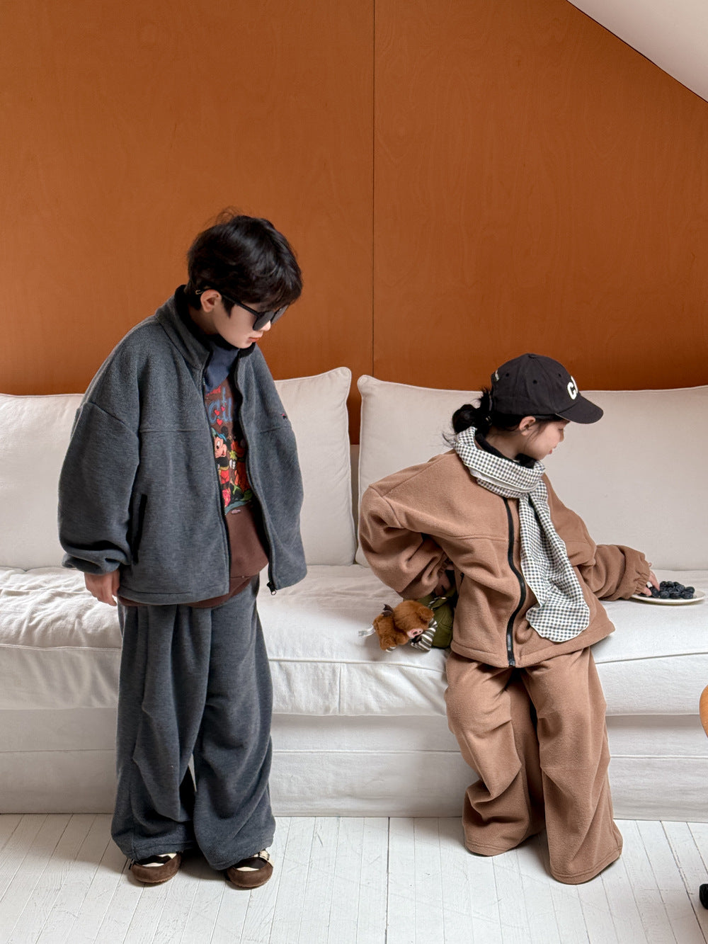 長袖セットアップ セットアップ キッズ 裏起毛 ボア 厚手 スタンドカラー オーバーサイズ ジップ【mh0011659】