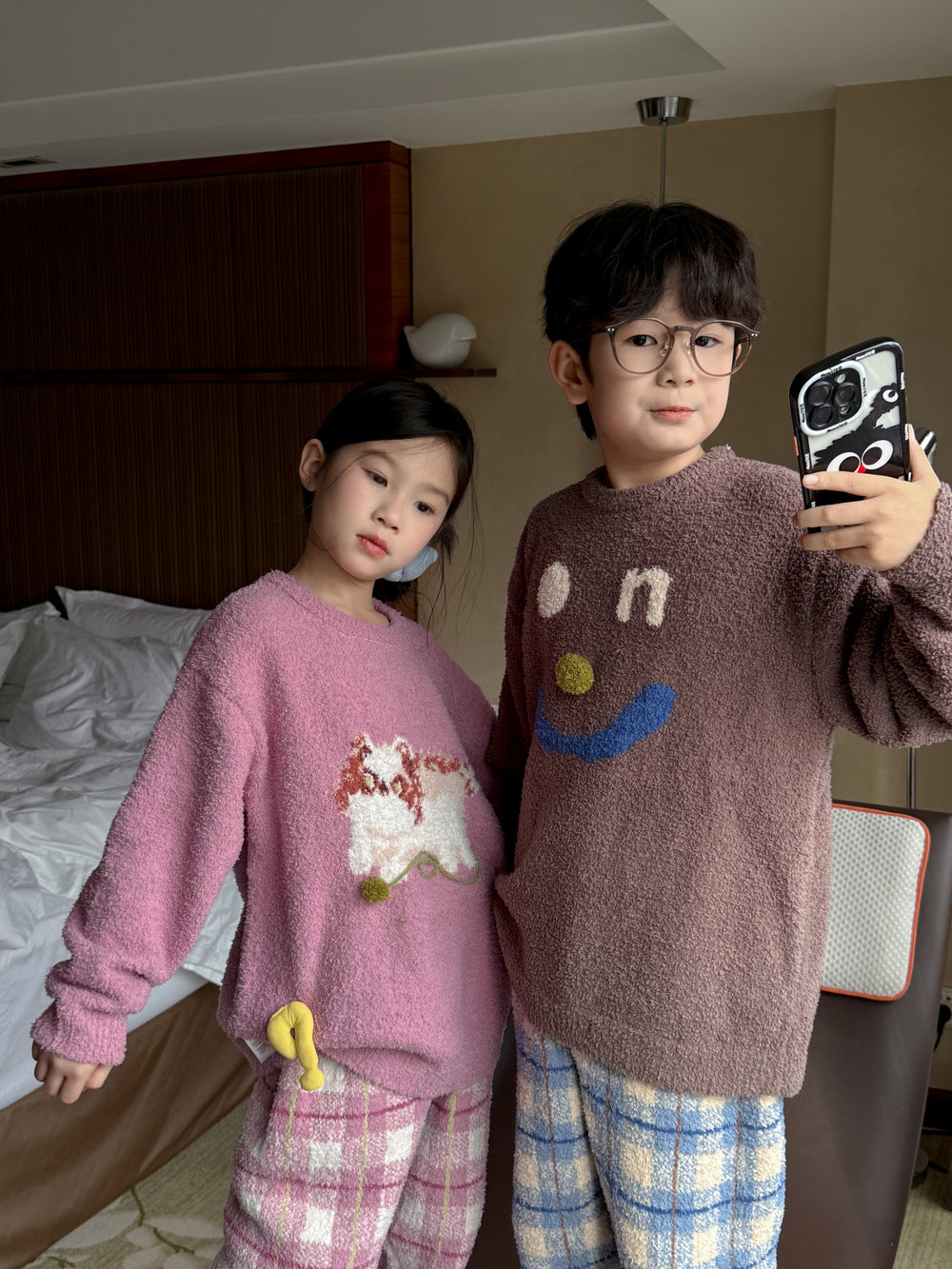 長袖パジャマ パジャマ キッズ モコモコ 裏起毛 厚手 セットアップ チェック柄 ルームウェア【mh0011660】