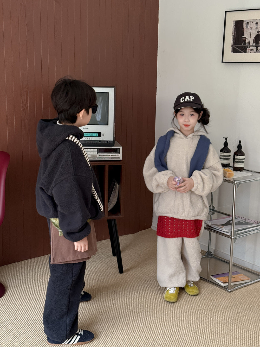 長袖セットアップ セットアップ キッズ 裏起毛 ボア 厚手 プルオーバー フード付 カジュアル【mh0011662】