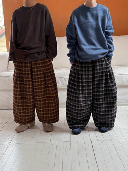 ロングパンツ・スウェットパンツ ワイドパンツ キッズ 裏起毛 厚手 チェック柄 ゆったり ルーズ ダッドパンツ【mh0011665】